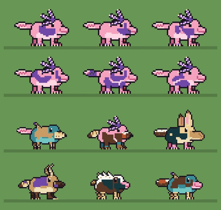Twelve pets: the same pink pet in six different coat patterns, then six hybrids with mixed coats